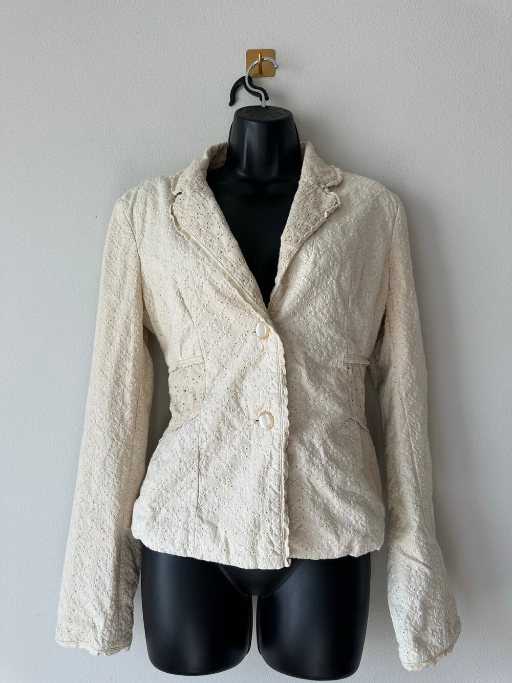 Vintage Y2K Cream Eyelet Blazer Cotton Embroidered Fitted Jacket Boho Romantic L